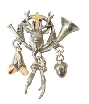 Anstecker Jagdhorn  Hirschkopf mit Kreuz, Grandl, Eichel  Hutschmuck  Anstecknadel